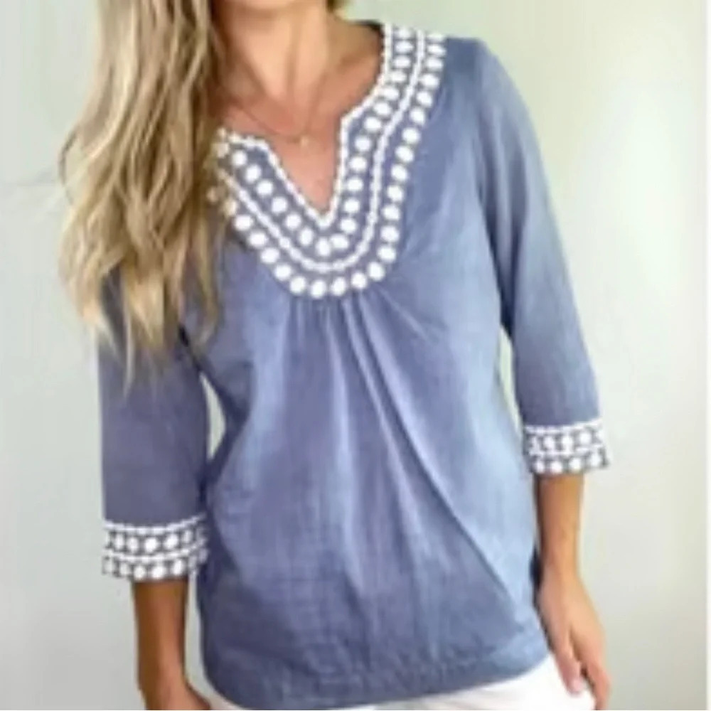 Boden Pullover Embroidered Blouse Blue White Size 2